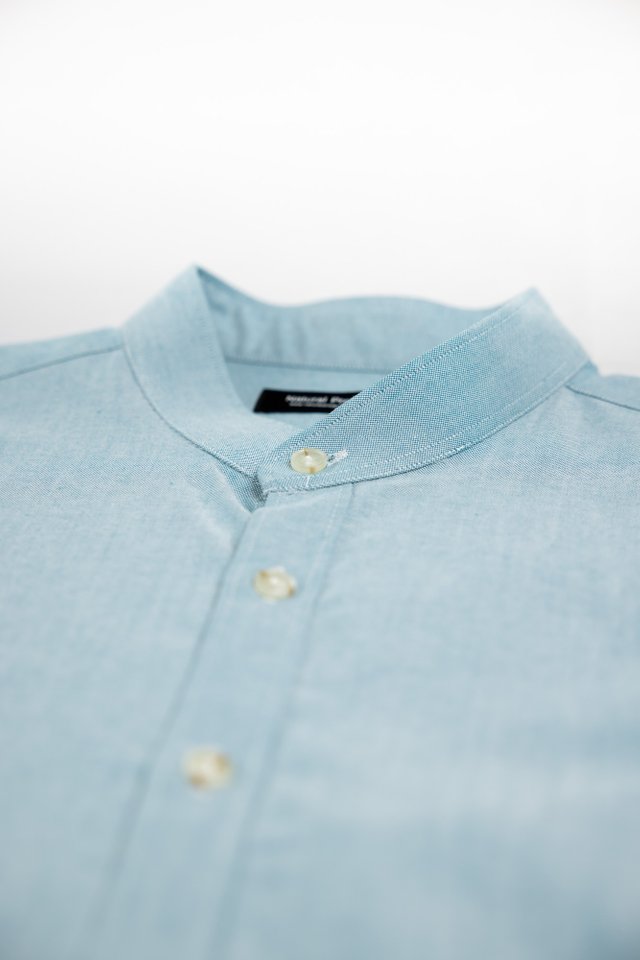 Lake Blue Mandarin Collar Short Sleeve Shirt 